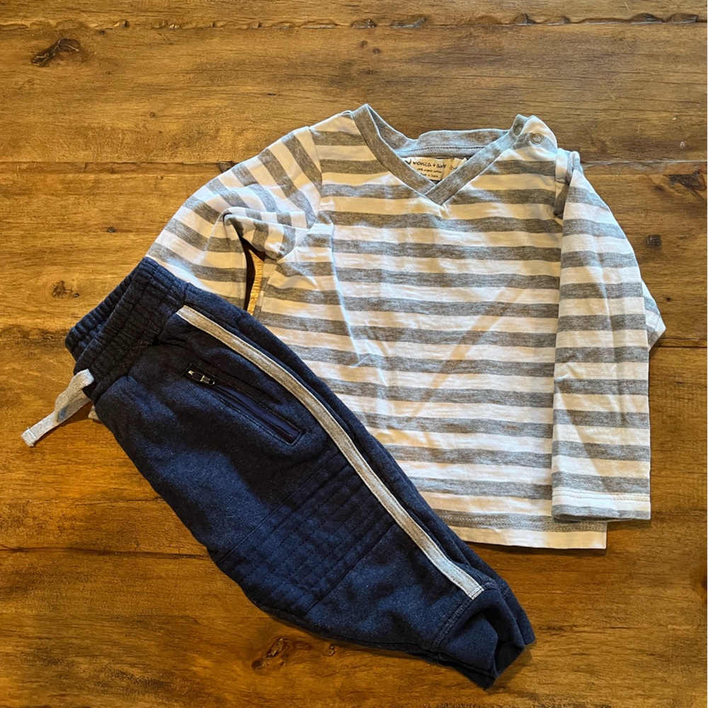 Monica + Andy navy blue and gray outfit 12-18m